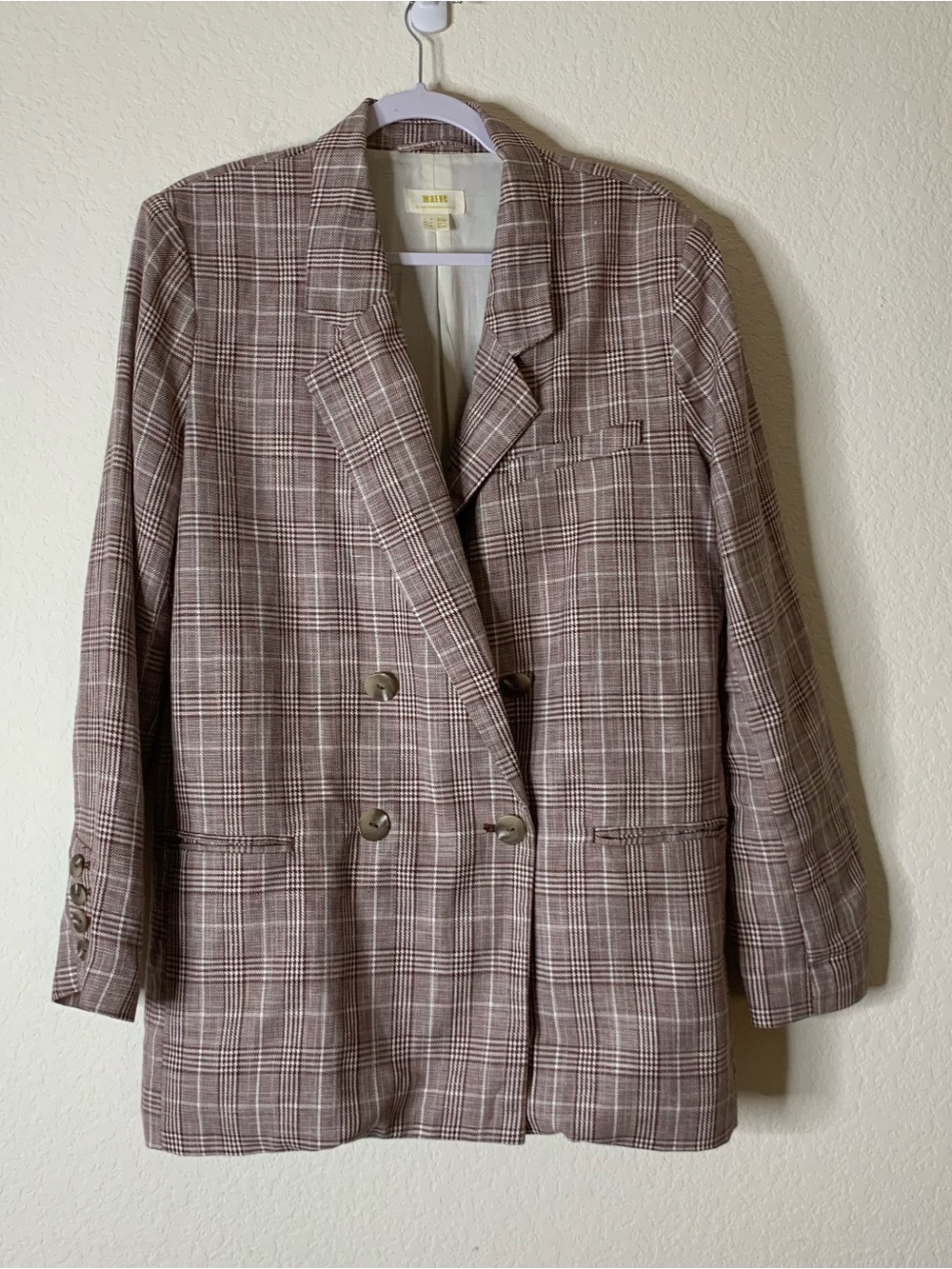 Maeve Womens brown linen blend plaid double breasted blazer 14